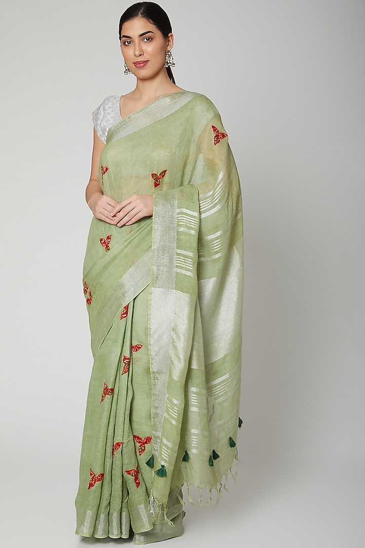 Sea Green Linen Applique Embroidered Saree Set by Varastraa