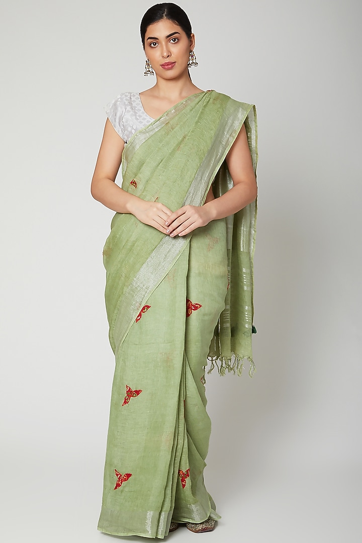 Sea Green Linen Applique Embroidered Party Wear Saree Set by Varastraa at Pernia's Pop Up Shop