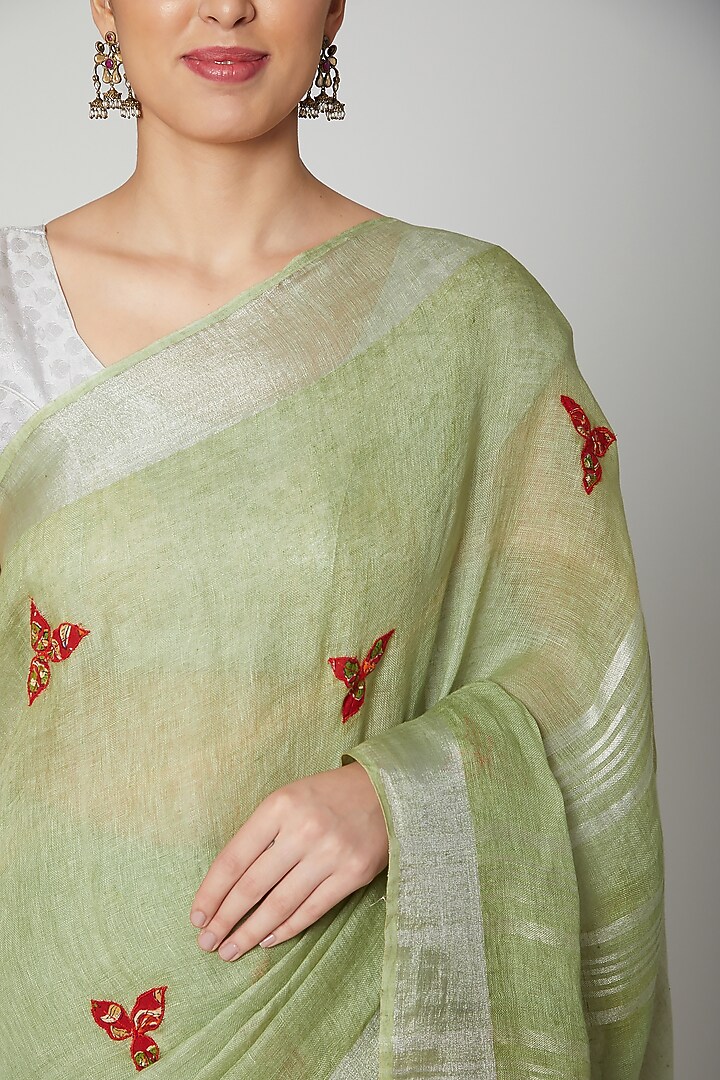 Sea Green Linen Applique Embroidered Party Wear Saree Set by Varastraa at Pernia's Pop Up Shop