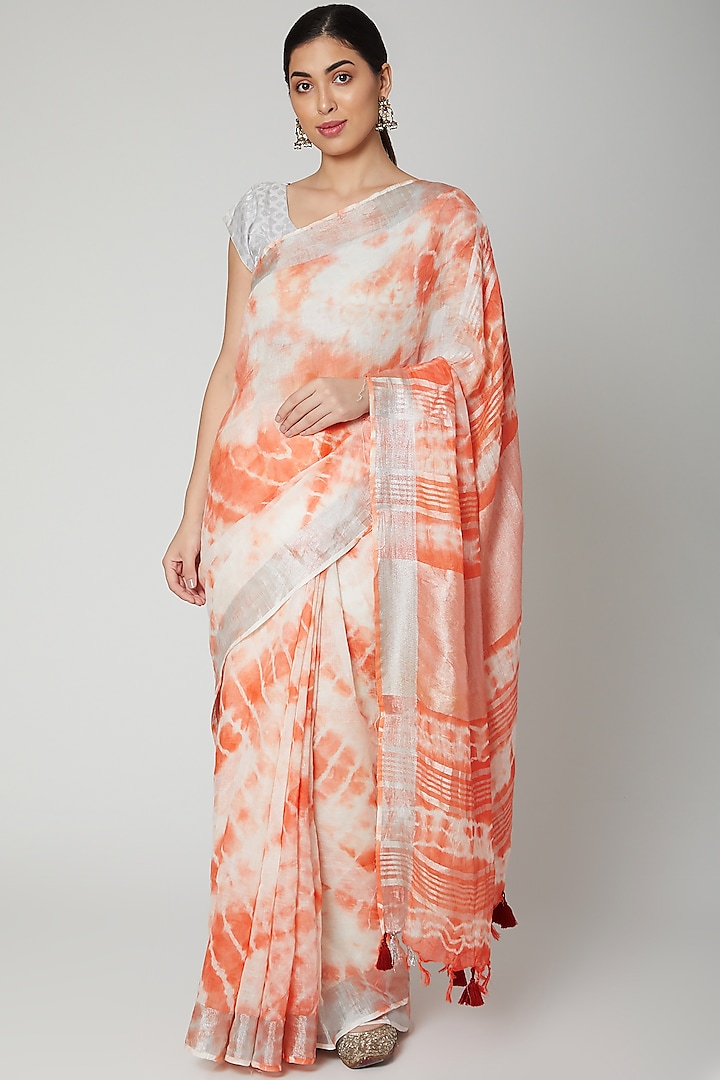 Blush Pink Linen Tie & Dye Printed Handwoven Saree Set by Varastraa
