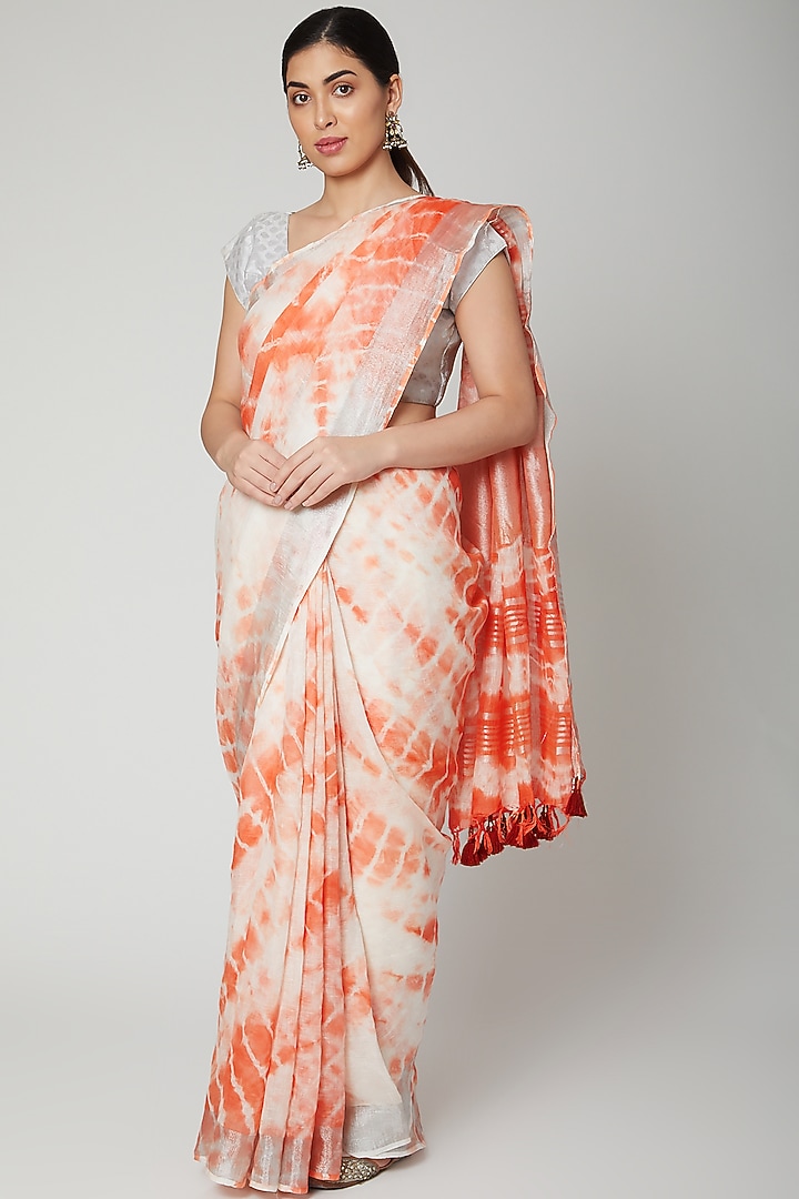 Blush Pink Linen Tie & Dye Printed Handwoven Party Wear Saree Set by Varastraa at Pernia's Pop Up Shop