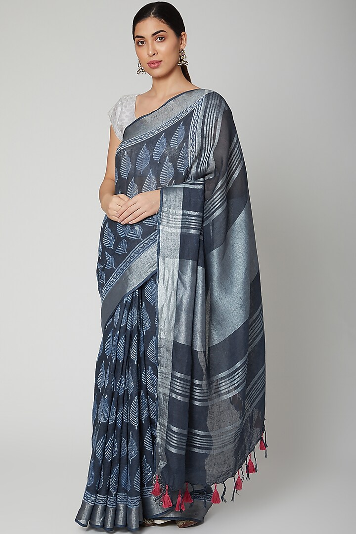 Indigo Blue Printed Party Wear Saree Set by Varastraa at Pernia's Pop Up Shop