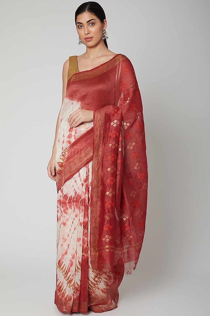 Rust Orange Linen Silk Tie-Dye Printed Saree Set by Varastraa