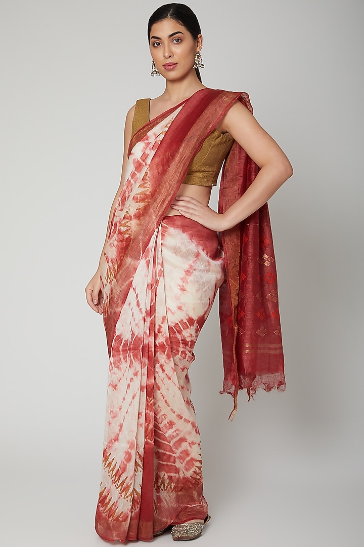 Rust Orange Linen Silk Tie-Dye Printed Party Wear Saree Set by Varastraa at Pernia's Pop Up Shop