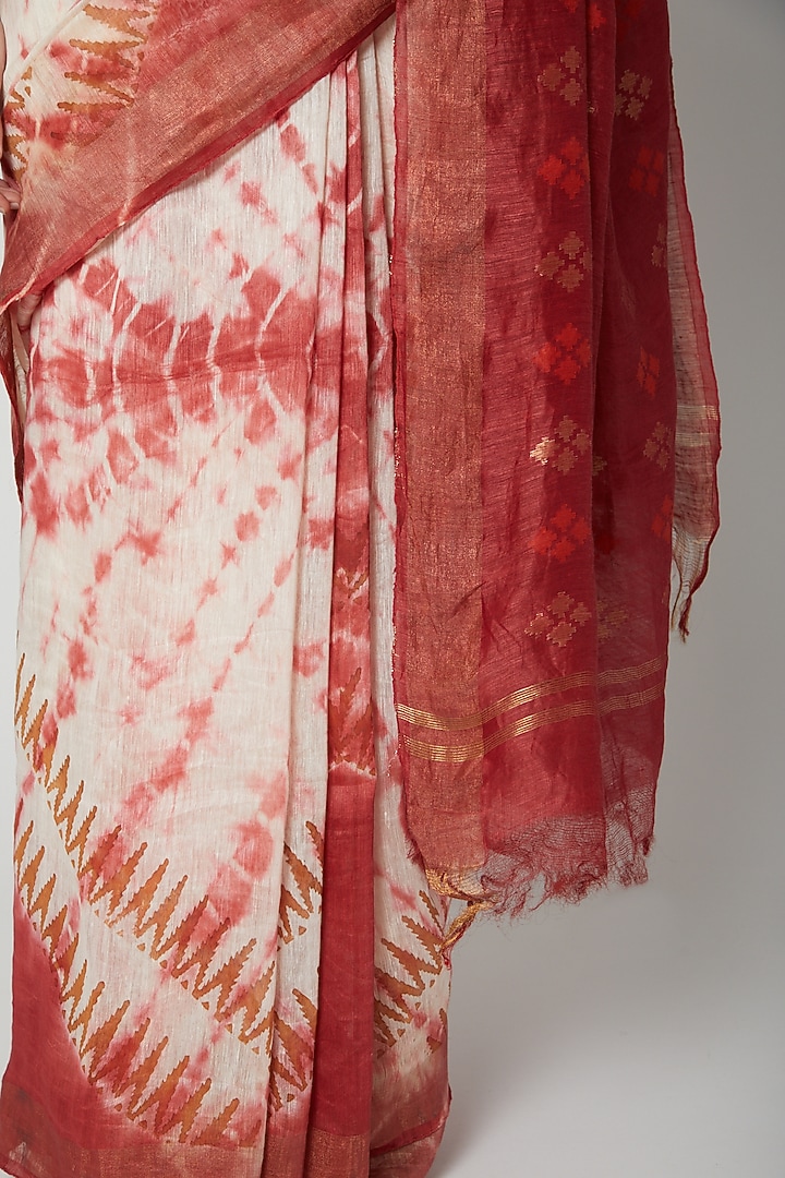 Rust Orange Linen Silk Tie-Dye Printed Party Wear Saree Set by Varastraa at Pernia's Pop Up Shop