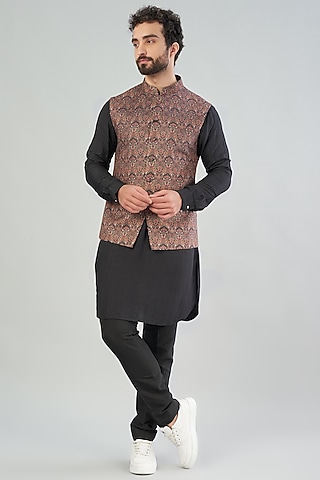 Black Printed Nehru Jacket With Kurta Set by VARENYA