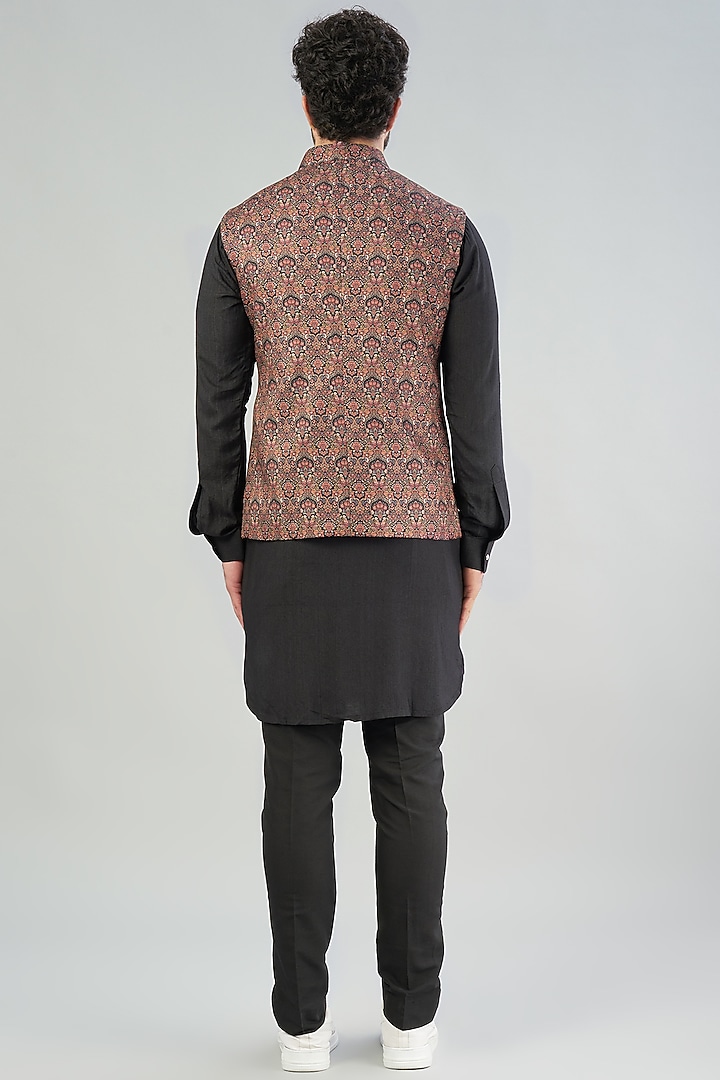 Black Printed Nehru Jacket With Kurta Set by VARENYA at Pernia's Pop Up Shop