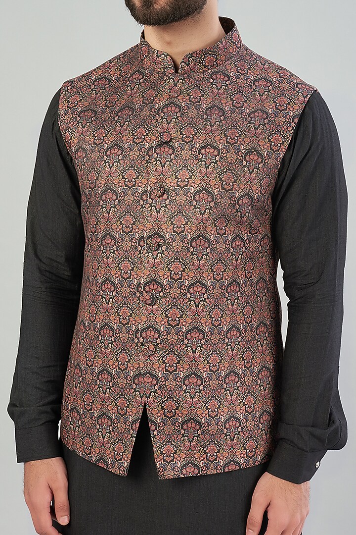 Black Printed Nehru Jacket With Kurta Set by VARENYA at Pernia's Pop Up Shop