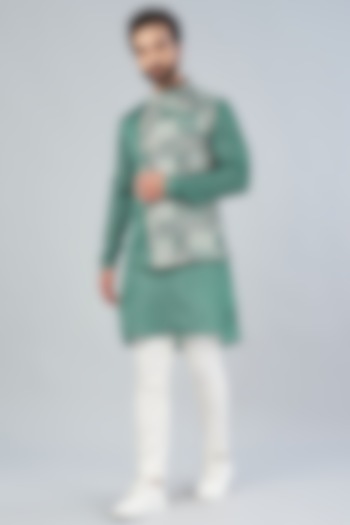 Green Printed Nehru Jacket With Kurta Set by VARENYA