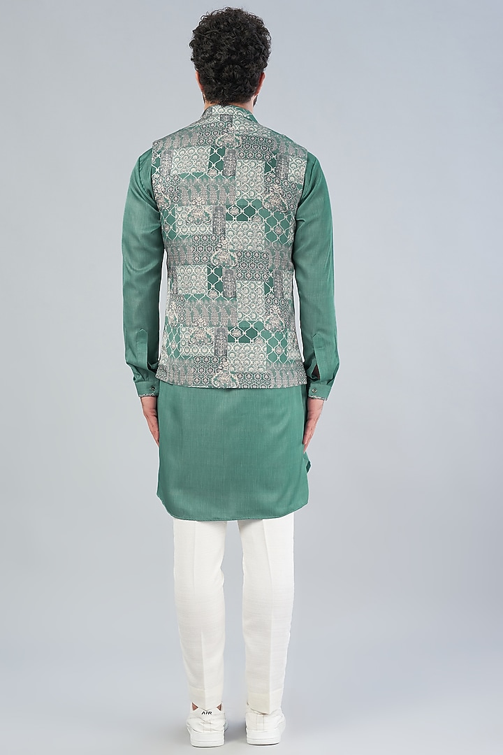 Green Printed Nehru Jacket With Kurta Set by VARENYA at Pernia's Pop Up Shop