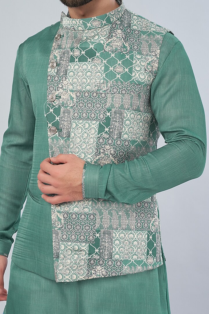 Green Printed Nehru Jacket With Kurta Set by VARENYA at Pernia's Pop Up Shop