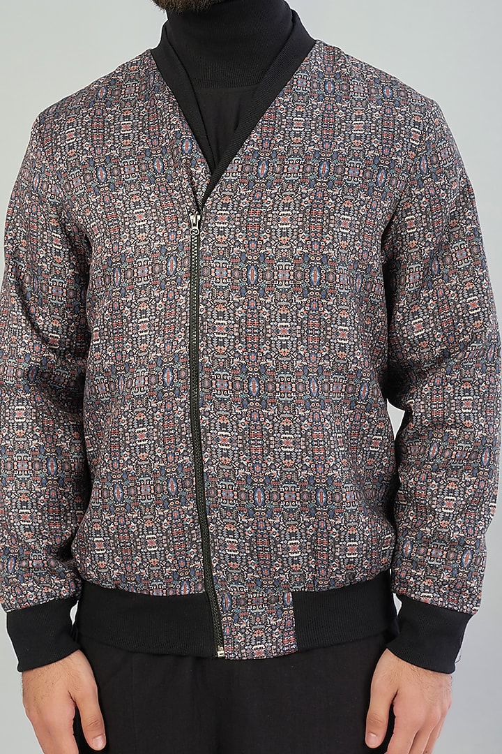 Black Printed Bomber Jacket by VARENYA at Pernia's Pop Up Shop