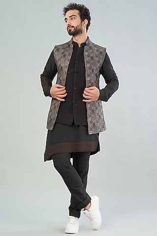 Black Cotton Kurta Set With Nehru Jackets by VARENYA