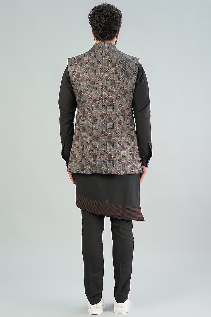 Black Cotton Kurta Set With Nehru Jackets by VARENYA at Pernia's Pop Up Shop