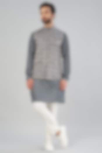 Grey Printed Nehru Jacket With Kurta Set by VARENYA