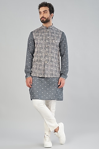 Grey Printed Nehru Jacket With Kurta Set by VARENYA