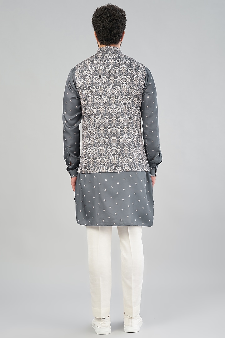 Grey Printed Nehru Jacket With Kurta Set by VARENYA at Pernia's Pop Up Shop