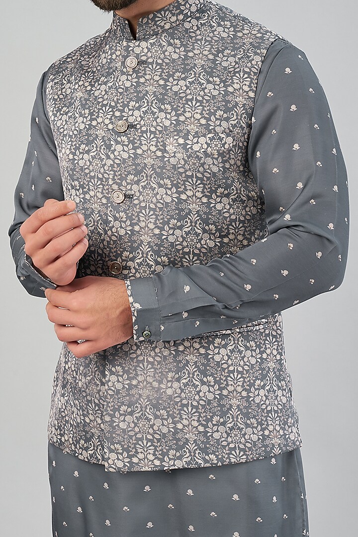 Grey Printed Nehru Jacket With Kurta Set by VARENYA at Pernia's Pop Up Shop