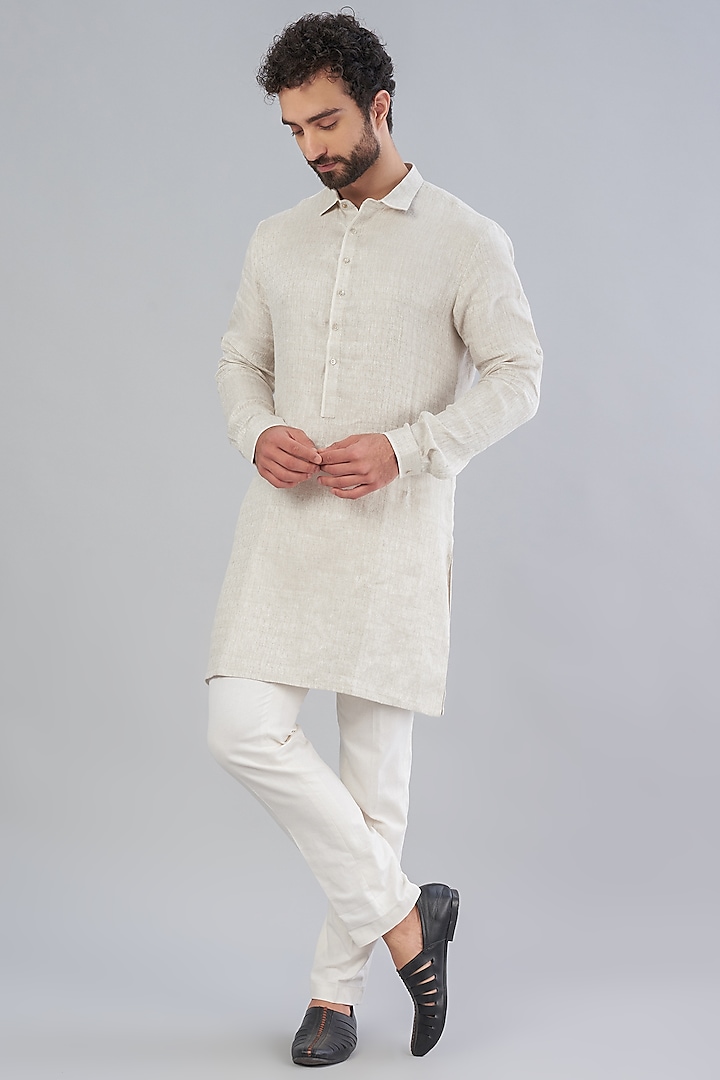 Natural Beige Linen Kurta by VARENYA at Pernia's Pop Up Shop