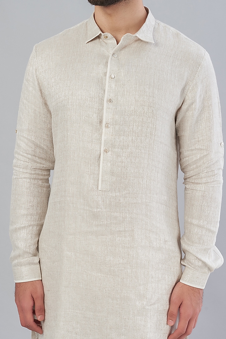 Natural Beige Linen Kurta by VARENYA at Pernia's Pop Up Shop