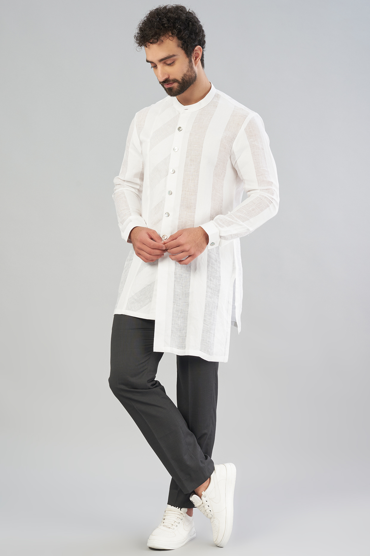 White Linen Kurta Shirt by VARENYA