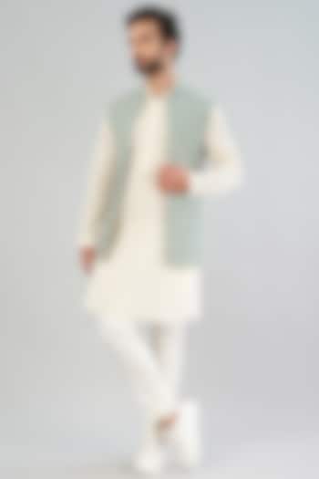 Off-White Printed Nehru Jacket With Kurta Set by VARENYA