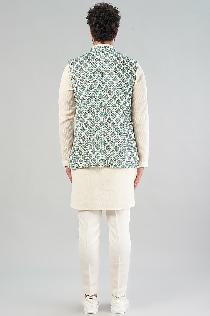 Off-White Printed Nehru Jacket With Kurta Set by VARENYA at Pernia's Pop Up Shop