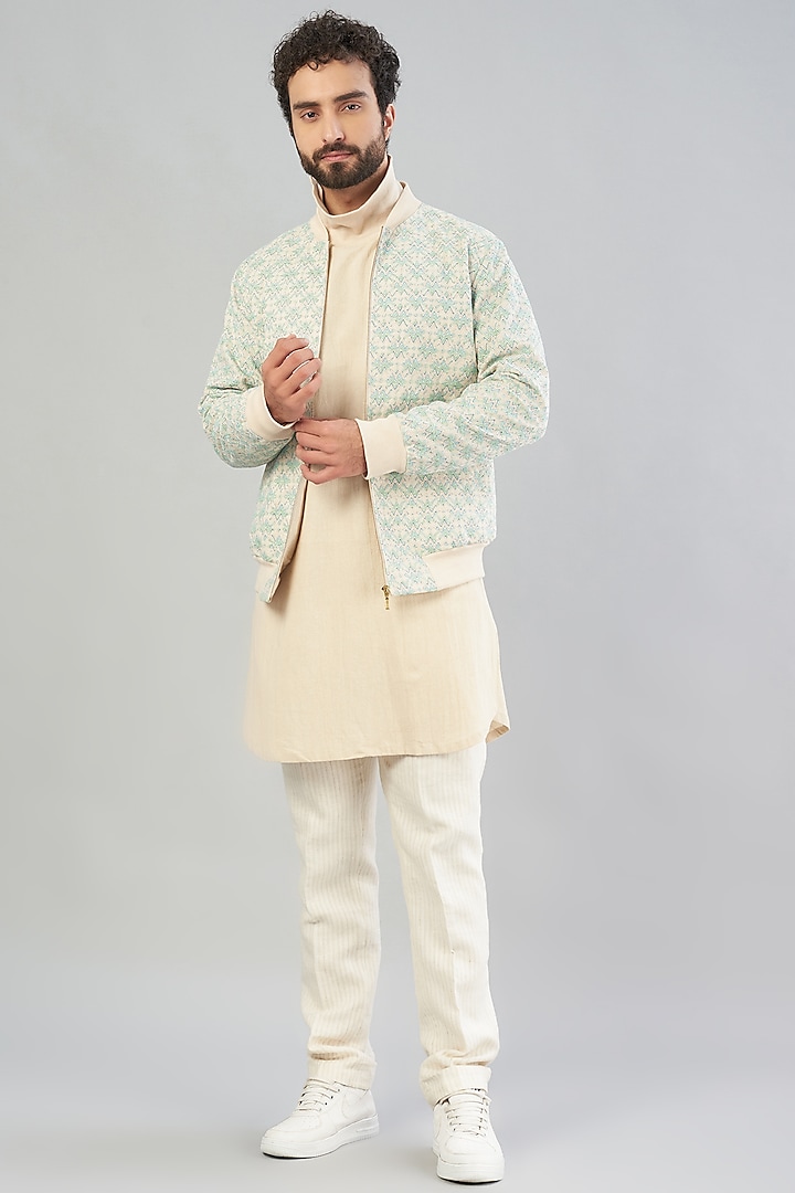 Off-White Cotton Kurta Set With Jacket by VARENYA
