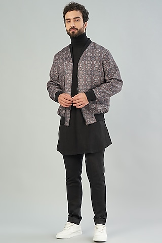 Black Cotton Kurta Set With Jacket by VARENYA