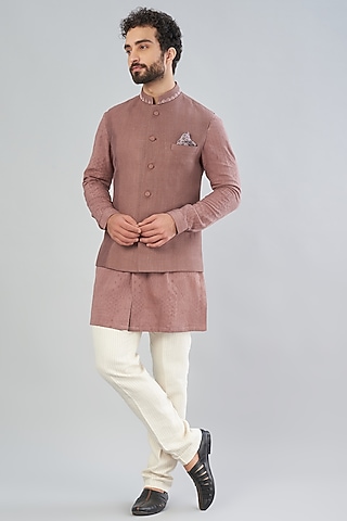 Brown Embroidered Nehru Jacket With Kurta Set by VARENYA