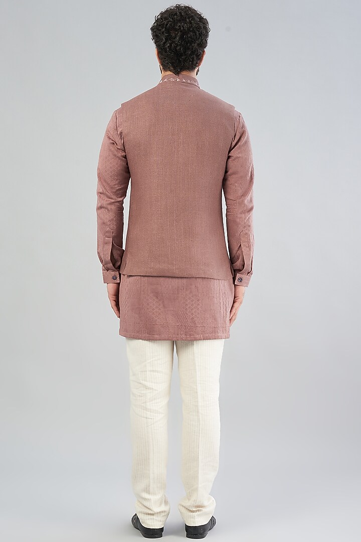 Brown Embroidered Nehru Jacket With Kurta Set by VARENYA at Pernia's Pop Up Shop