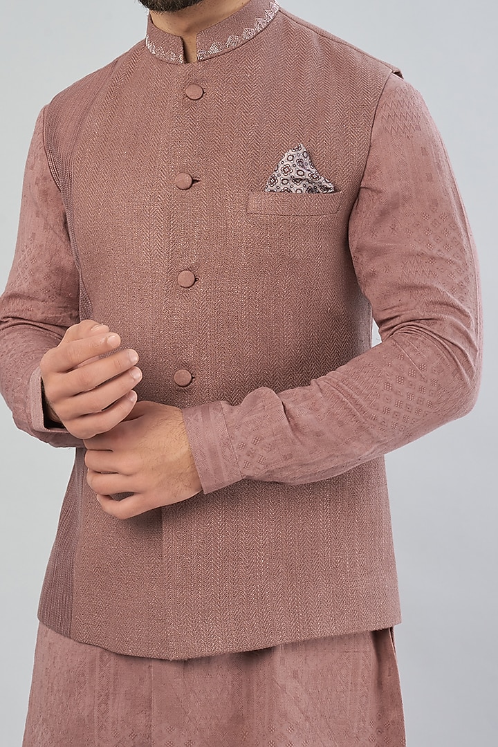 Brown Embroidered Nehru Jacket With Kurta Set by VARENYA at Pernia's Pop Up Shop