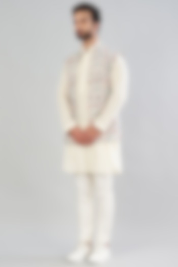 Off-White Embroidered Nehru Jacket With Kurta Set by VARENYA