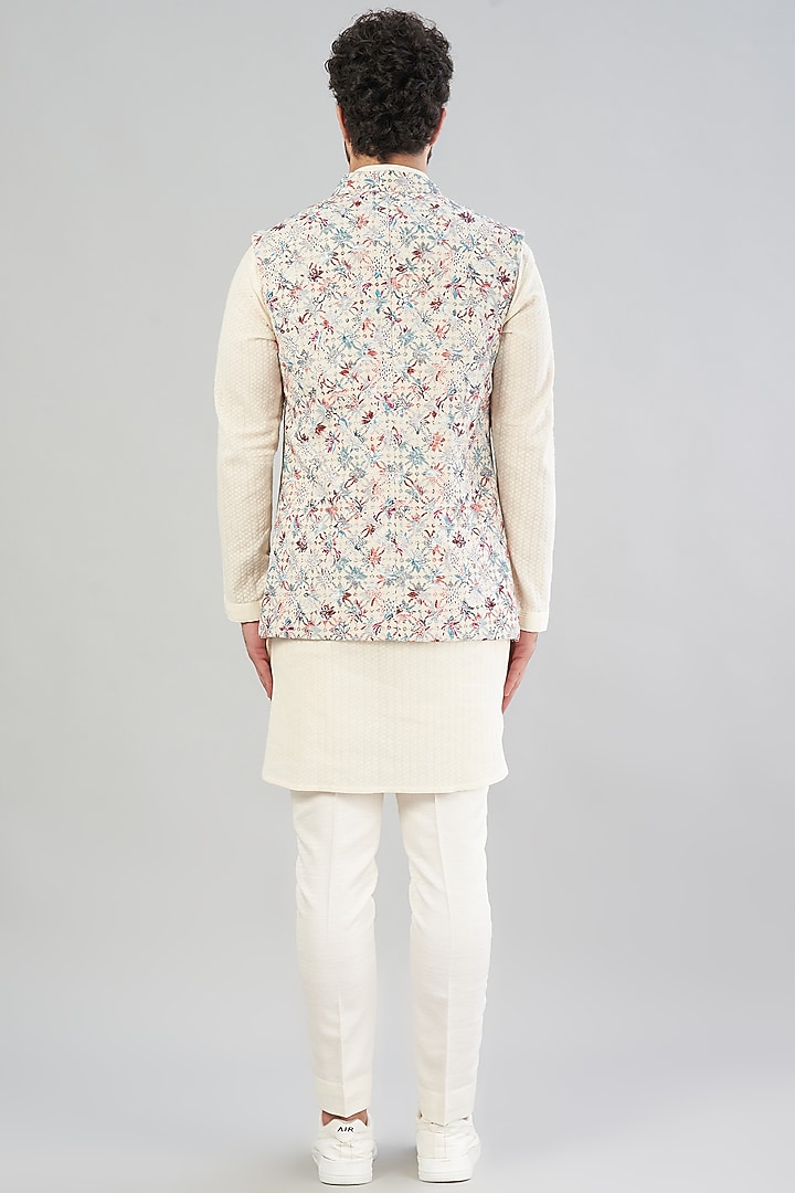 Off-White Embroidered Nehru Jacket With Kurta Set by VARENYA at Pernia's Pop Up Shop