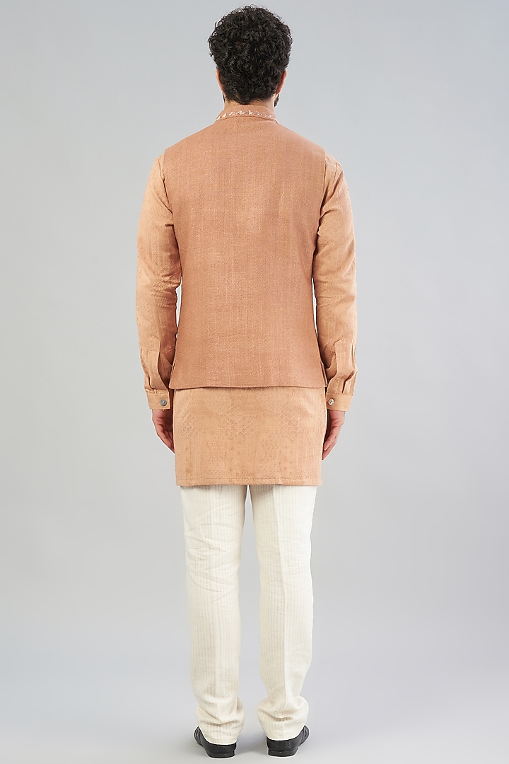 Tan Embroidered Nehru Jacket With Kurta Set by VARENYA at Pernia's Pop Up Shop