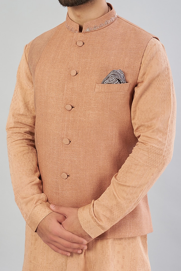 Tan Embroidered Nehru Jacket With Kurta Set by VARENYA at Pernia's Pop Up Shop