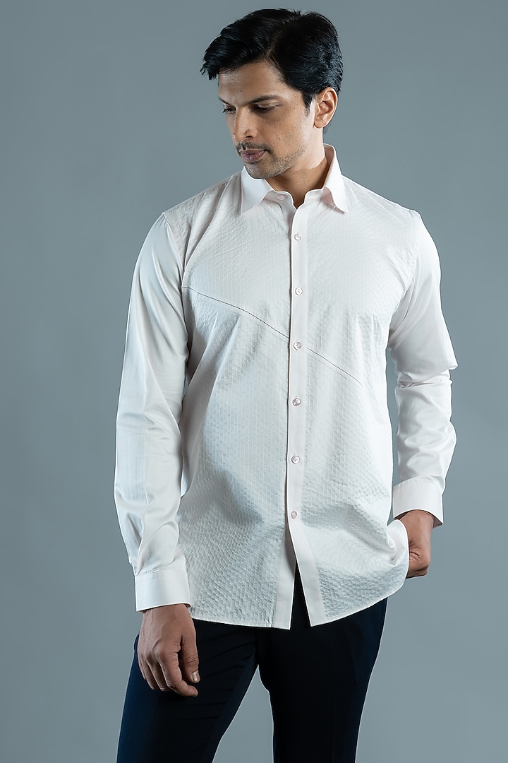 Light Pink Cotton Textured Party Wear Shirt by VAROIN MARWAH at Pernia's Pop Up Shop