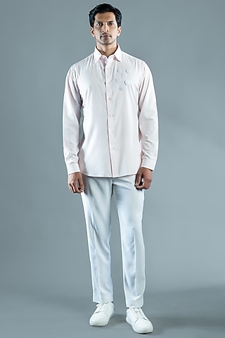 Light Pink Cotton Embroidered Shirt by VAROIN MARWAH
