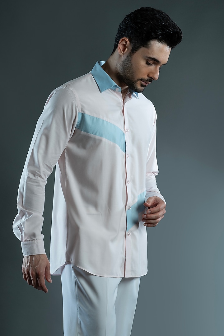 Pink & Blue Cotton Party Wear Shirt by VAROIN MARWAH at Pernia's Pop Up Shop