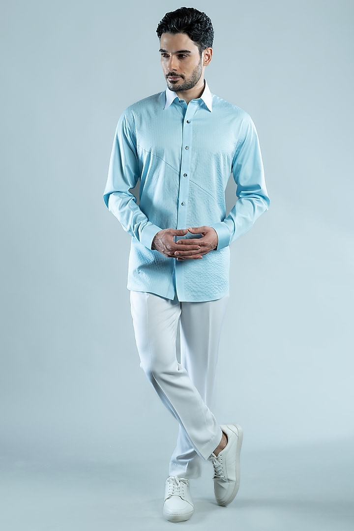 Light Blue Cotton Party Wear Shirt by VAROIN MARWAH at Pernia's Pop Up Shop