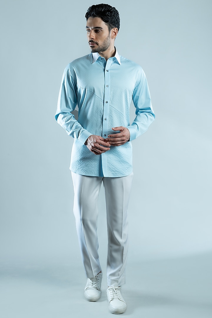Light Blue Cotton Party Wear Shirt by VAROIN MARWAH at Pernia's Pop Up Shop