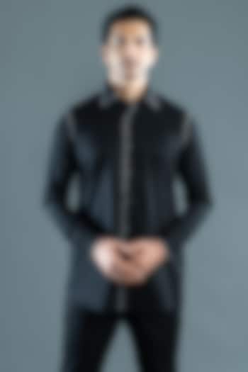 Black Cotton Satin Party Wear Shirt by VAROIN MARWAH at Pernia's Pop Up Shop