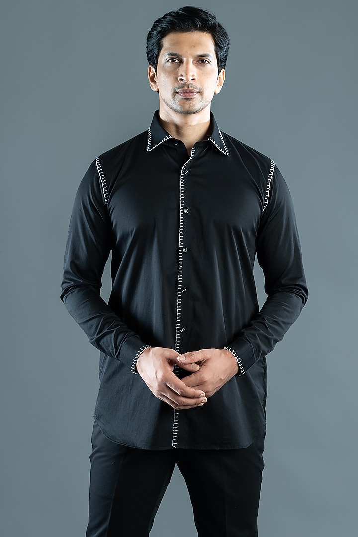 Black Cotton Satin Party Wear Shirt by VAROIN MARWAH at Pernia's Pop Up Shop