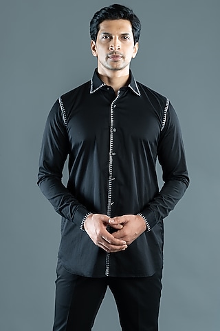 Black Cotton Satin Shirt by VAROIN MARWAH