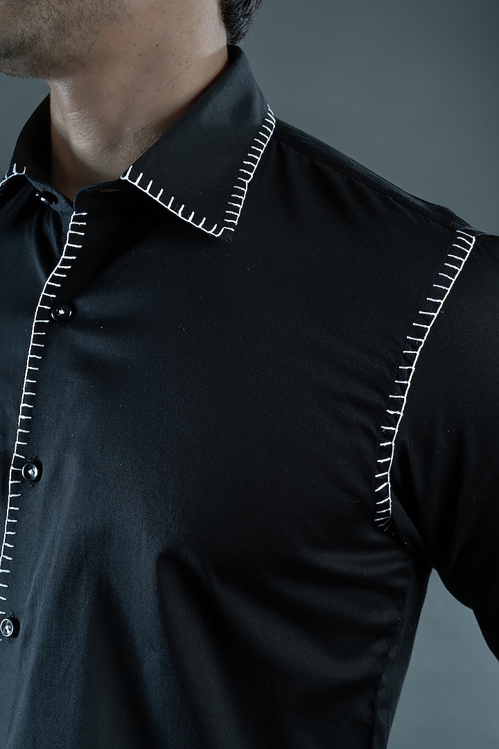 Black Cotton Satin Party Wear Shirt by VAROIN MARWAH at Pernia's Pop Up Shop