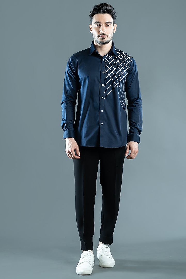 Navy Blue Cotton Satin Criss-Cross Embroidered Party Wear Shirt by VAROIN MARWAH at Pernia's Pop Up Shop