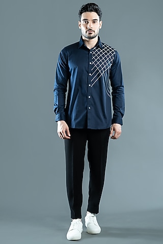 Navy Blue Cotton Satin Criss-Cross Embroidered Shirt by VAROIN MARWAH