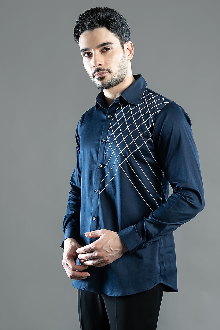 Navy Blue Cotton Satin Criss-Cross Embroidered Party Wear Shirt by VAROIN MARWAH at Pernia's Pop Up Shop