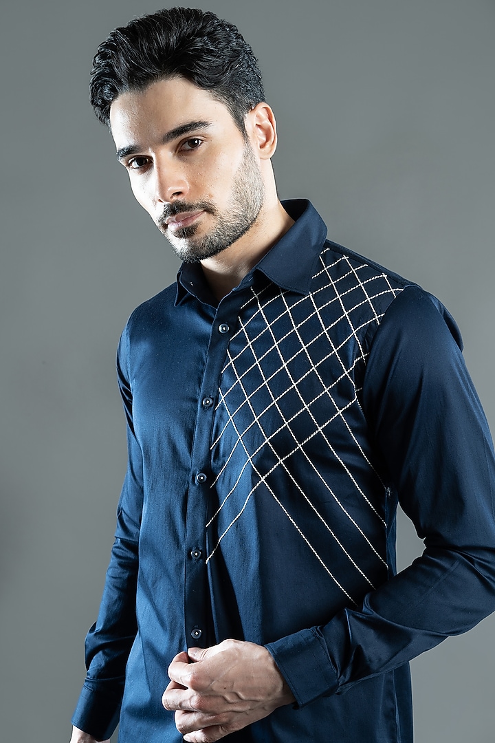 Navy Blue Cotton Satin Criss-Cross Embroidered Party Wear Shirt by VAROIN MARWAH at Pernia's Pop Up Shop