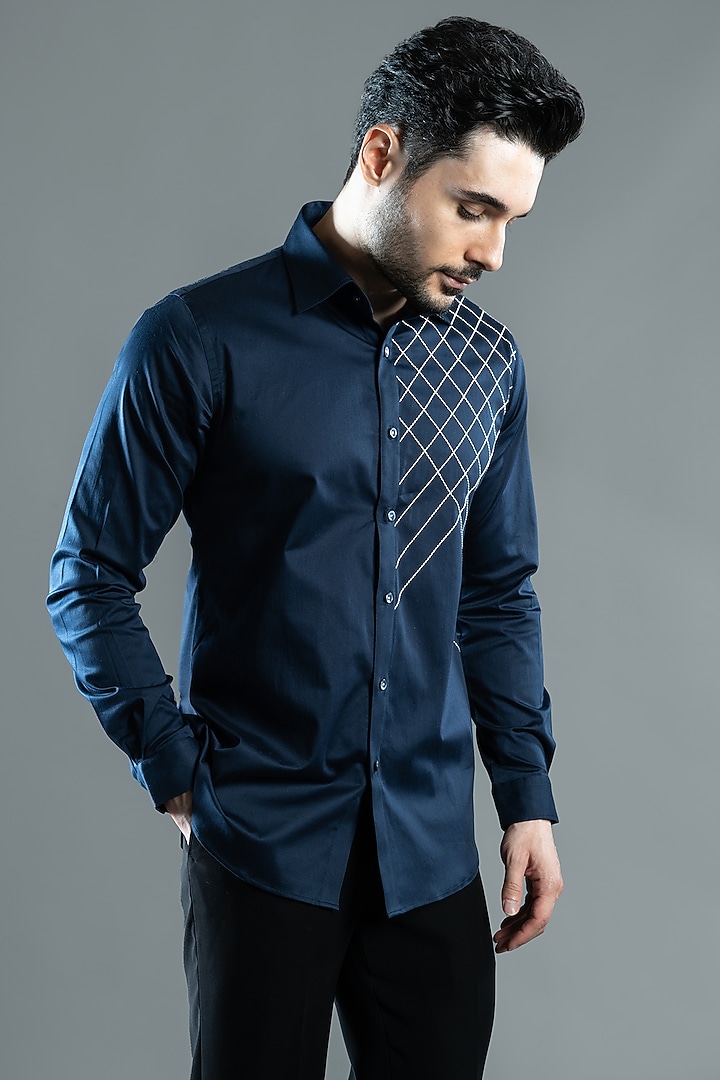 Navy Blue Cotton Satin Criss-Cross Embroidered Party Wear Shirt by VAROIN MARWAH at Pernia's Pop Up Shop